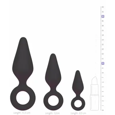 BLACK BUTTPLUGS WITH PULL RING - SET MED 3 ANAL PLUGGAR