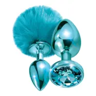 Global Novelties: Nixie Metal Butt Plug Set, Pom Pom &amp; Jewel, blå