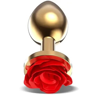 Golden Metal Anal Plug With Red Rose Medium