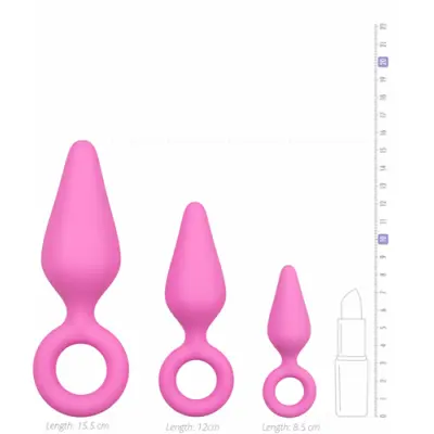 PINK Buttplugs With Pull Ring - Set med 3 analpluggar