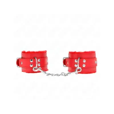 Kink Fur Lined Wrist Restraints Red With Red Belt Adjustable 17-29 Cm X 6 Cm