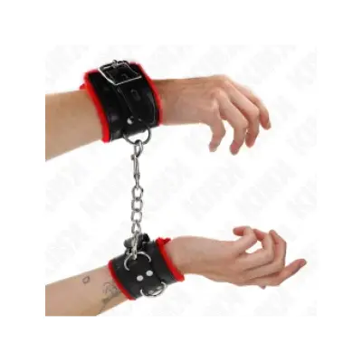 Kink Fur Lined Wrist Restraints With Square Holes Red And Black Belt Adjustable 17-29 Cm X 6 Cm