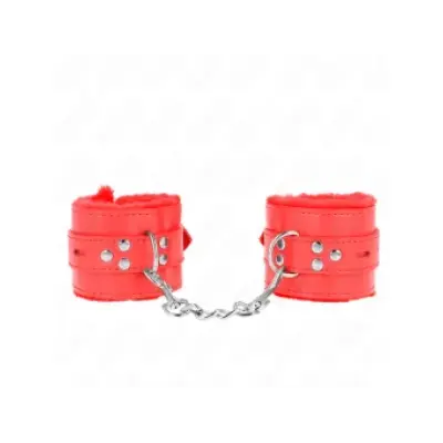 Kink Fur Lined Wrist Restraints With Square Holes Red And Red Belt Adjustable 17-29 Cm X 6 Cm