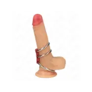 Kink Triple Metal Penis Ring 3.7 Cm To 5 Cm Connected With Red Leather