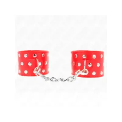 Kink Wrist Restraints With Snap Fasten Full Of Rivets Red Adjustable 19-24 Cm X 5.5 Cm