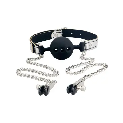 LoveToy: Breathable Ball Gag with Nipple Clamps