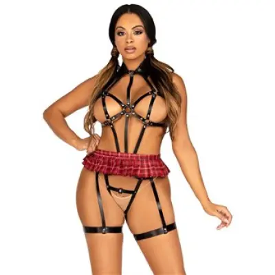 Kink Vegan Leather Harness With Collar And Skirt Black