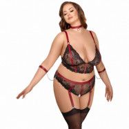 Cottelli Bondage Plus Svart & Röd Spets Set med Restraints - Red - 2XL