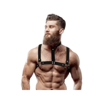 Fetish Submissive Attitude Adjustable Eco-Leather Chest Harness With Necklace For Men
