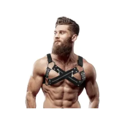 Fetish Submissive Attitude Adjustable Neoprene Cross-Over Chest Bulldog Harness With Zippers For Men