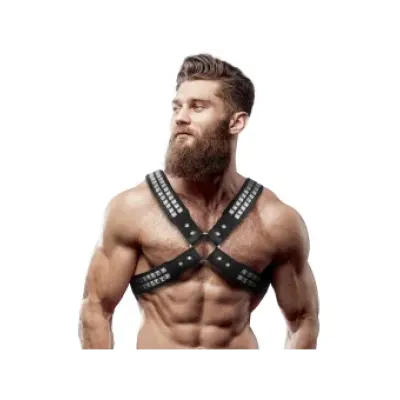 Fetish Submissive Attitude Mens Crossed Chest Eco-Leather Harness With Rivets