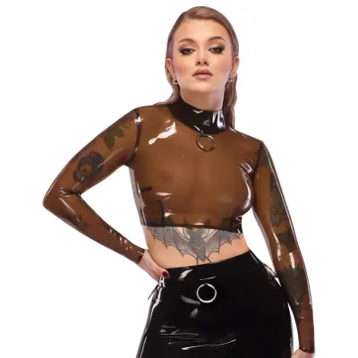 Sheer Latex O-Ring High Neck Crop Top (Storlek: Medium)