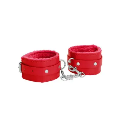 Plush leather wrist cuffs, röd