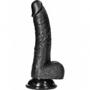 RealRock: Curved Realistic Dildo with Balls, 18 cm, svart